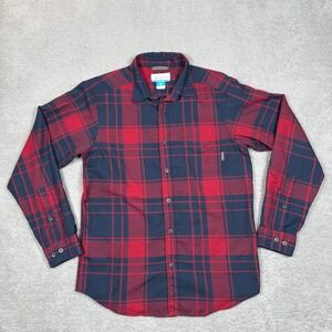 Columbia Mens Red Navy Blue Plaid Long Sleeve Button Down Shirt Small Polyester